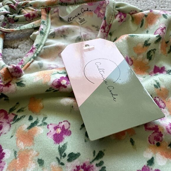 Culture Code Light Green Floral Ruffle Accent Baby Doll Mini Dress Size Large - Picture 11 of 12